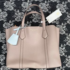 Tory Burch Perry Small Triple Compartment Tote Purse Gray Heron